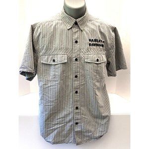Harley Davidson - Short Sleeve Grey Striped Button Up Shirt, Embroidered,  Large